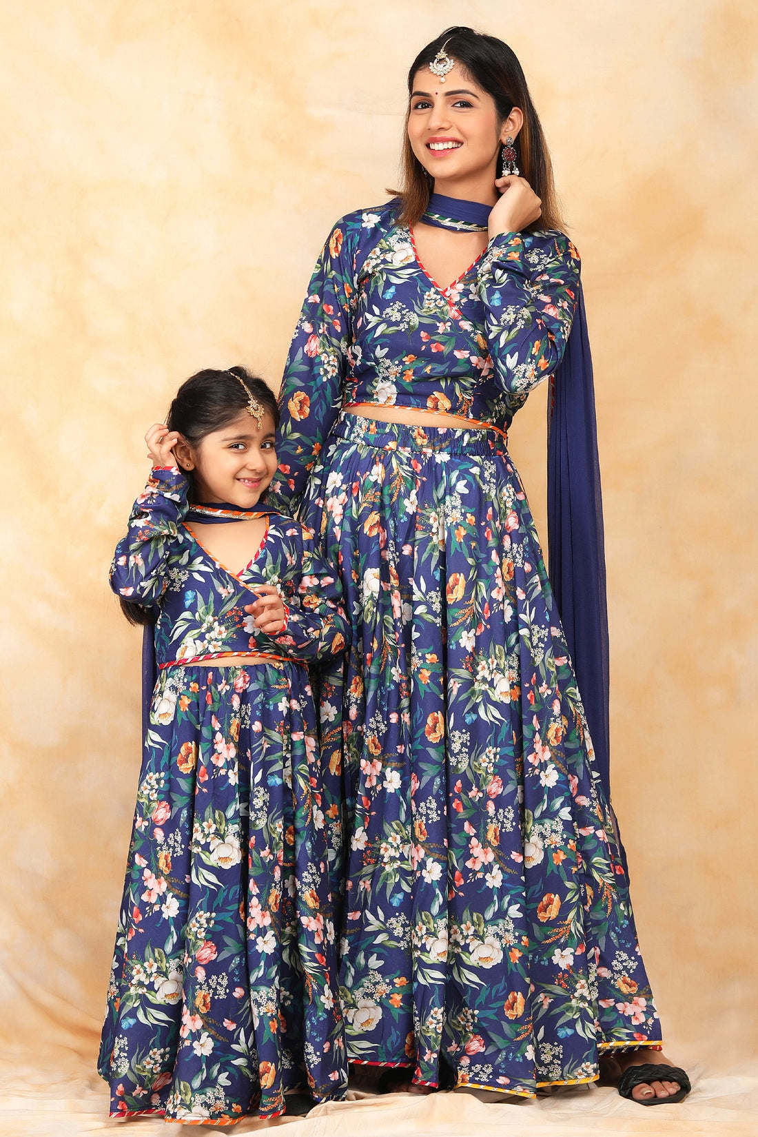 Navy Floral Crop Top and Lehenga Set with Matching Dupatta - Coordinated Outfits for Mom and Daughter