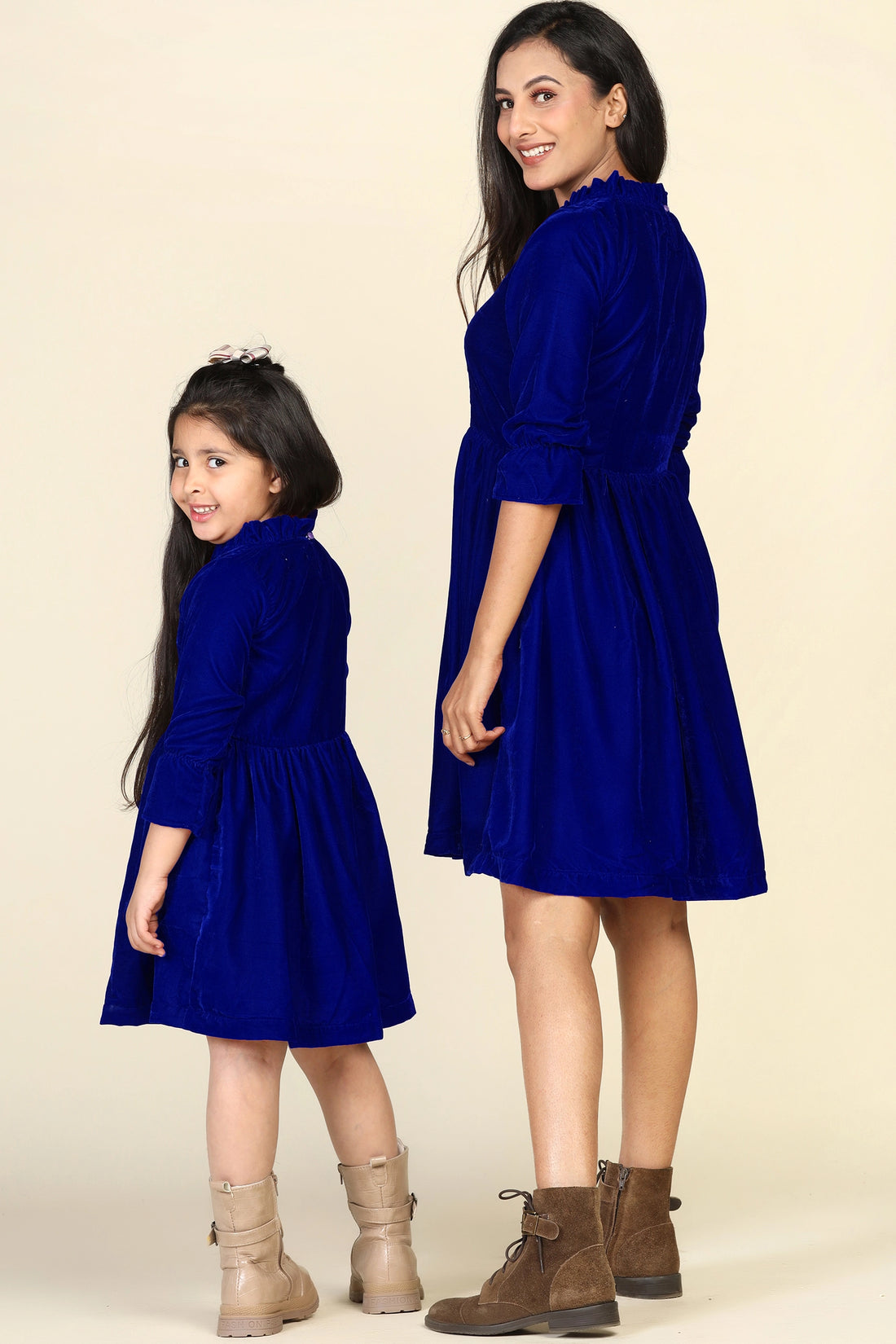 Navy Samaira Velvet Dresses for Mom & Daughter