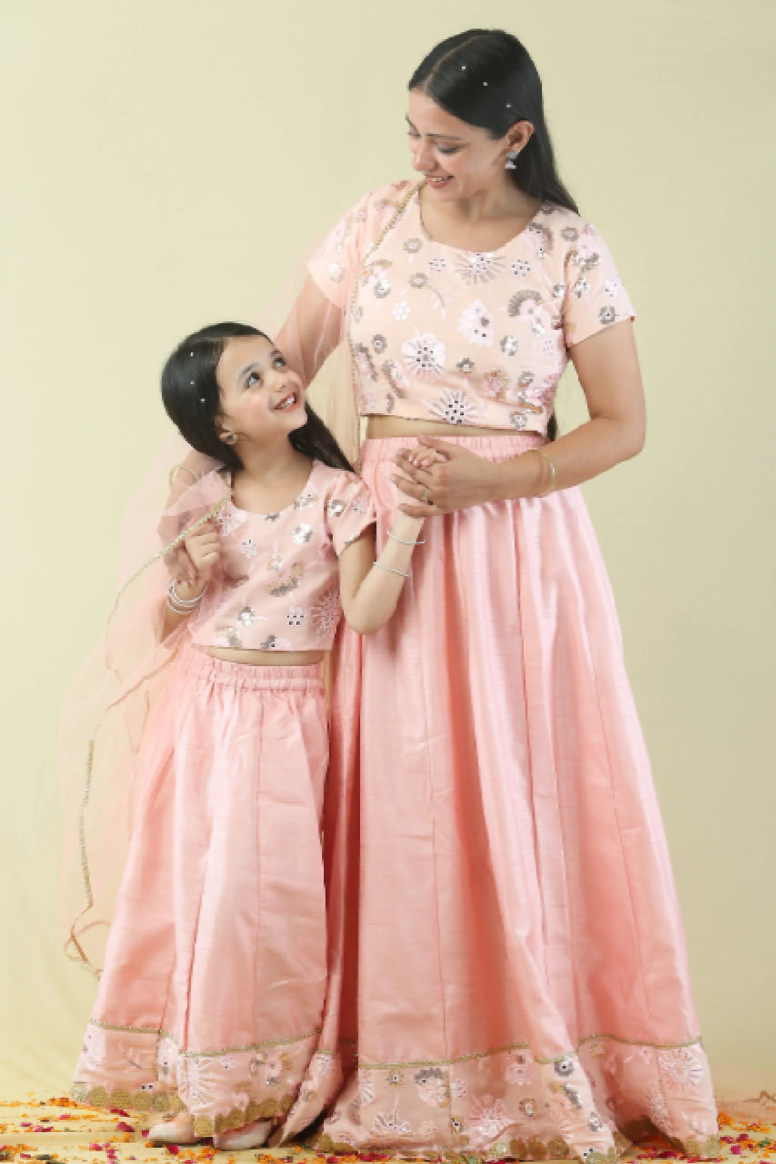 Peach Gold Lehenga With Embroidered Choli Mom and Daughter Twin Set