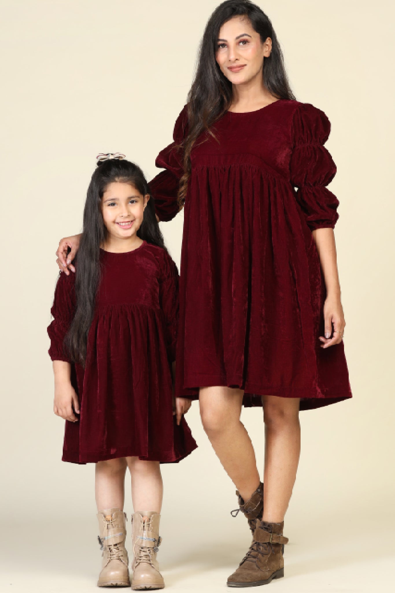 Mom & Daughter Duo: Stunning Maroon Velvet Samaira Dresses