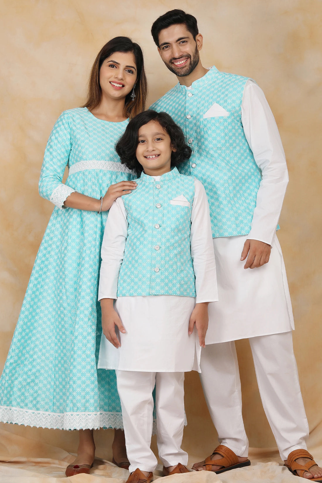 Sky Blue and White Embroidered Gown with Matching Kurta Pyjama Family Twin Set of 3