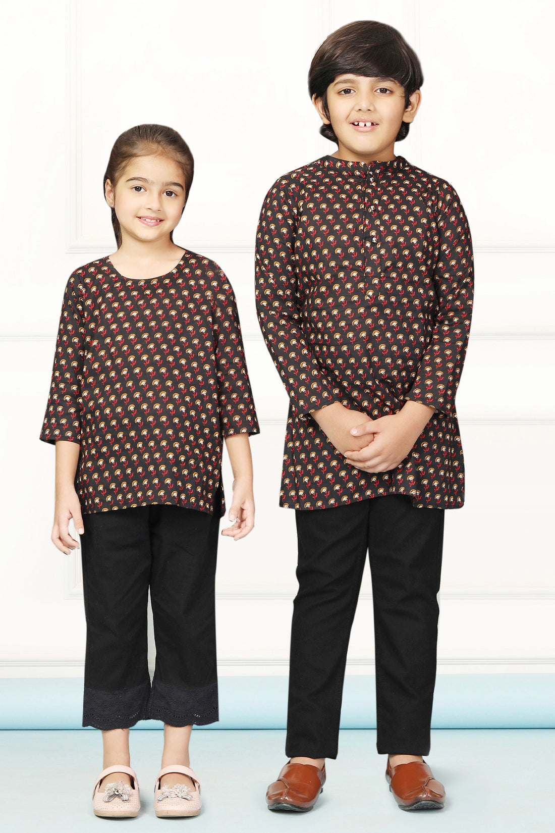 Stylish Black Printed Short Kurti & Matching Kurta Twin Set for Siblings