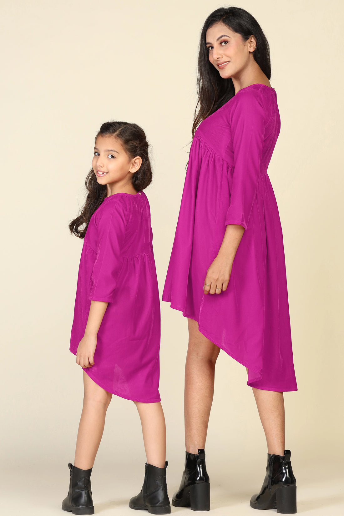 Trendy Fuchsia High-Low Dresses for Mom and Daughter - Matching Set