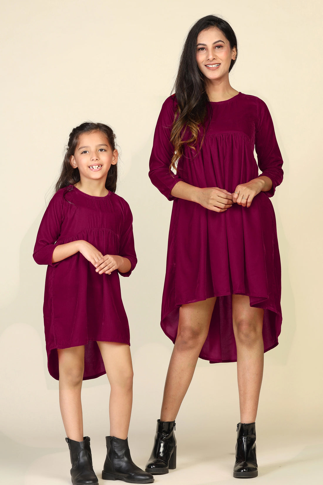 Trendy Maroon High-Low Dresses for Mom and Daughter - Matching Set