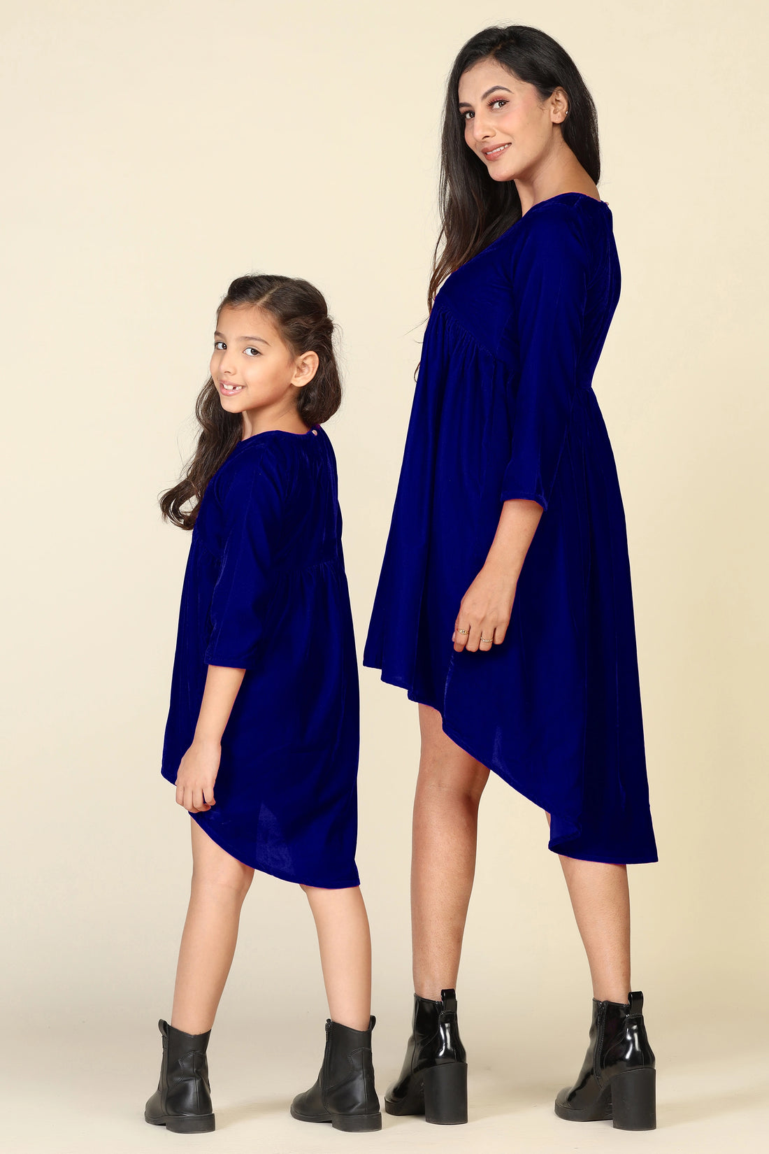 Trendy Navy Blue High-Low Dresses for Mom and Daughter - Matching Set