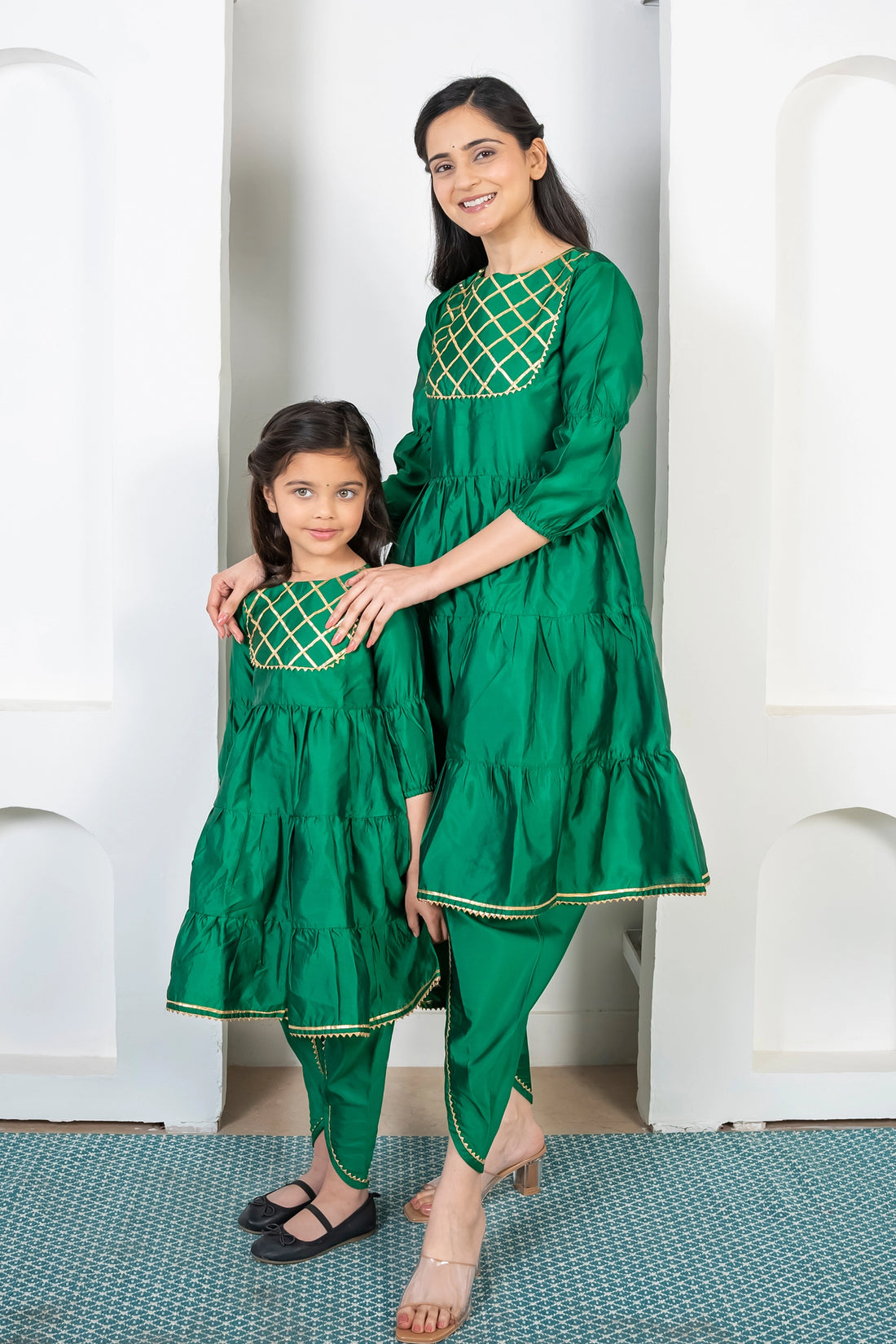 Green and Golden Tiered Kurta with Dhoti ( Mom and Daughter Twin Set )