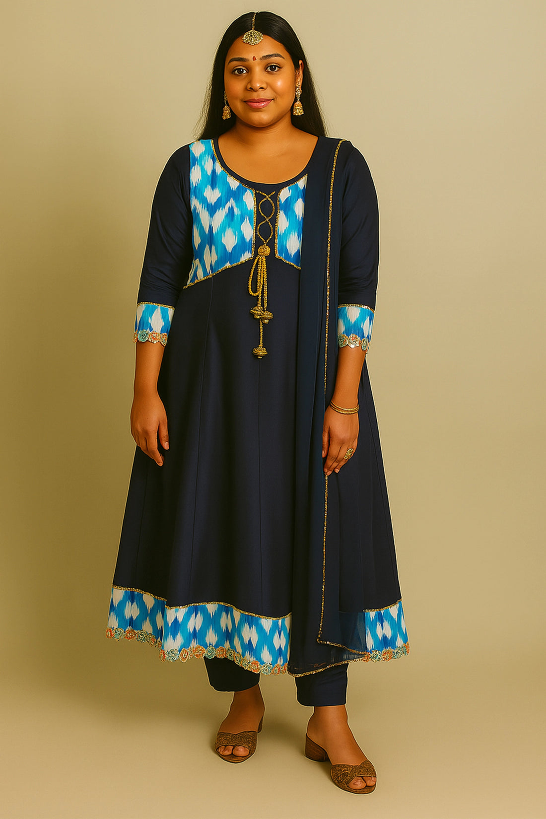 Navy & Blue Ikkat Printed Aline Suit Set For Mom And Daughter