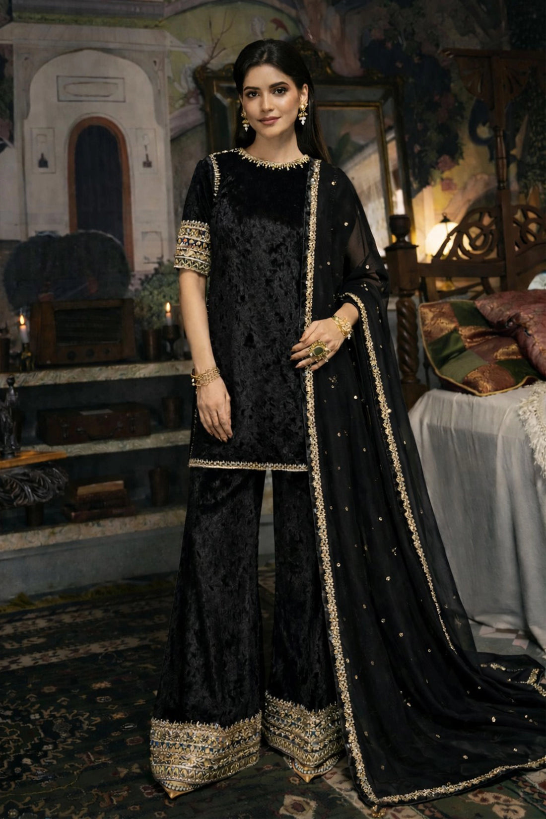 Regal Velvet Sharara Suit - Black