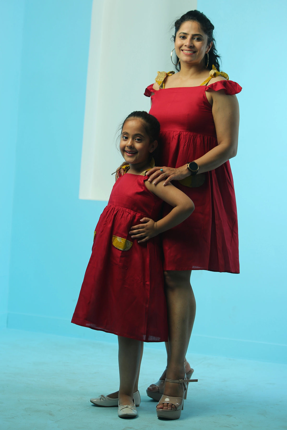 Maroon Cotton Off-Shoulder Ruffle Dress For Mom And Daughter