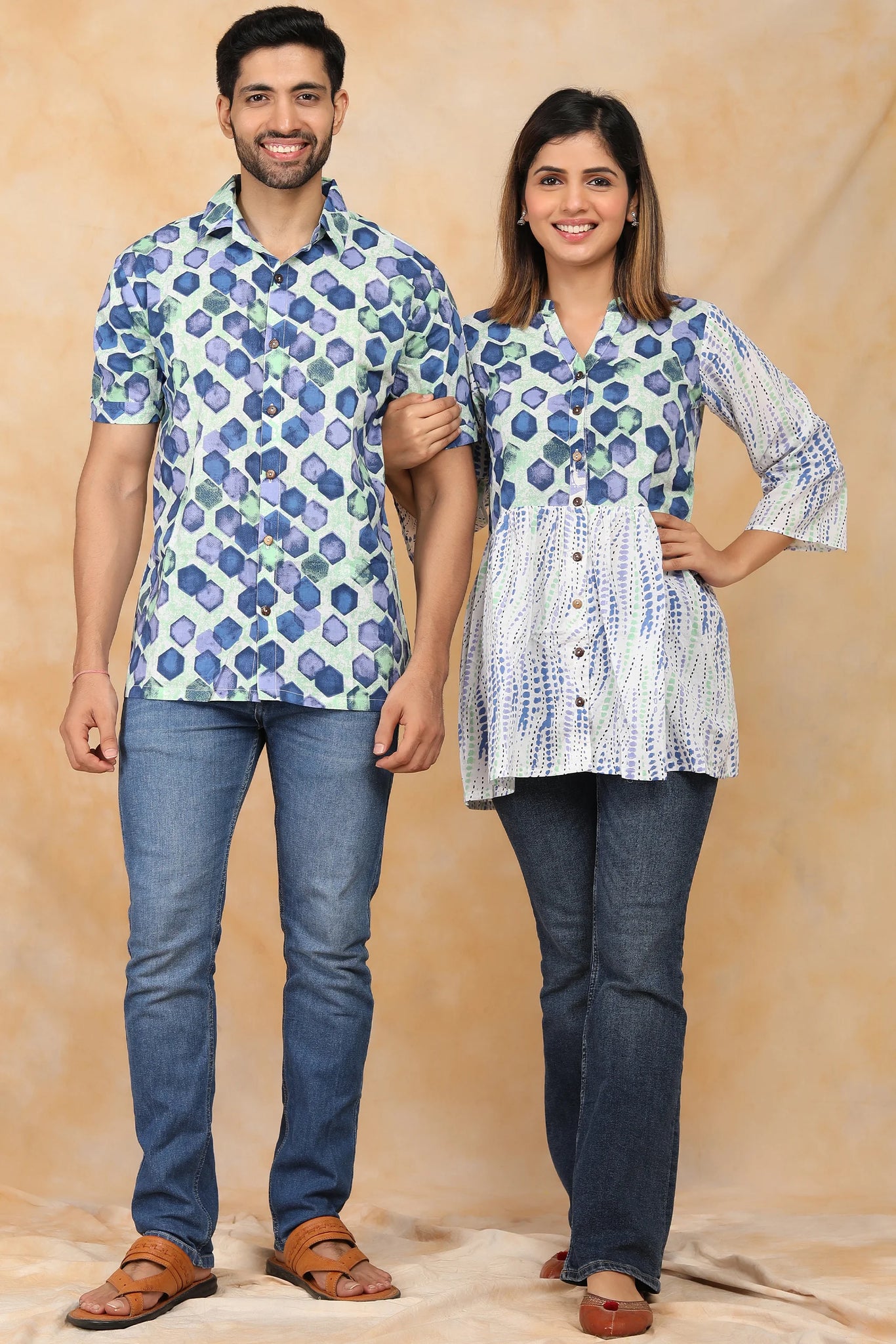 White and Blue Block printed Top with Matching Shirt Couple Twin Set