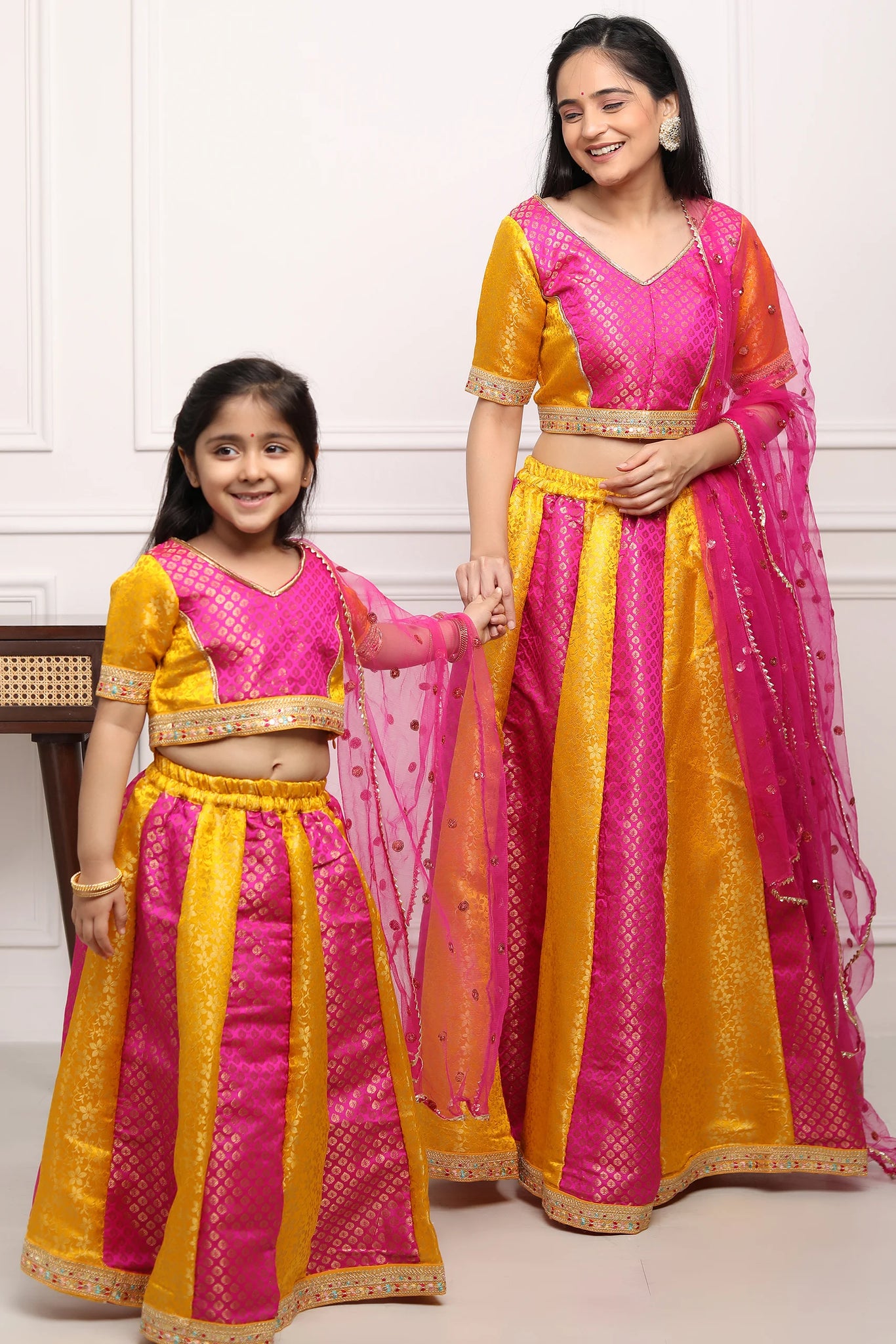 Mother Daughter Wear Pink Color Lehenga Choli with Jacket | TheIndianFab