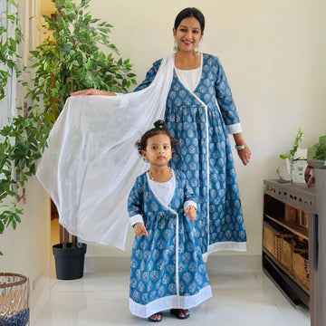 White And Blue Anarkha Kurta Set For Mom And Daughter