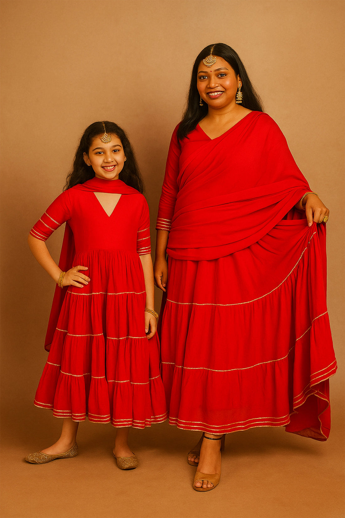 Red tiered Anarkha Set For Mom And Daughter