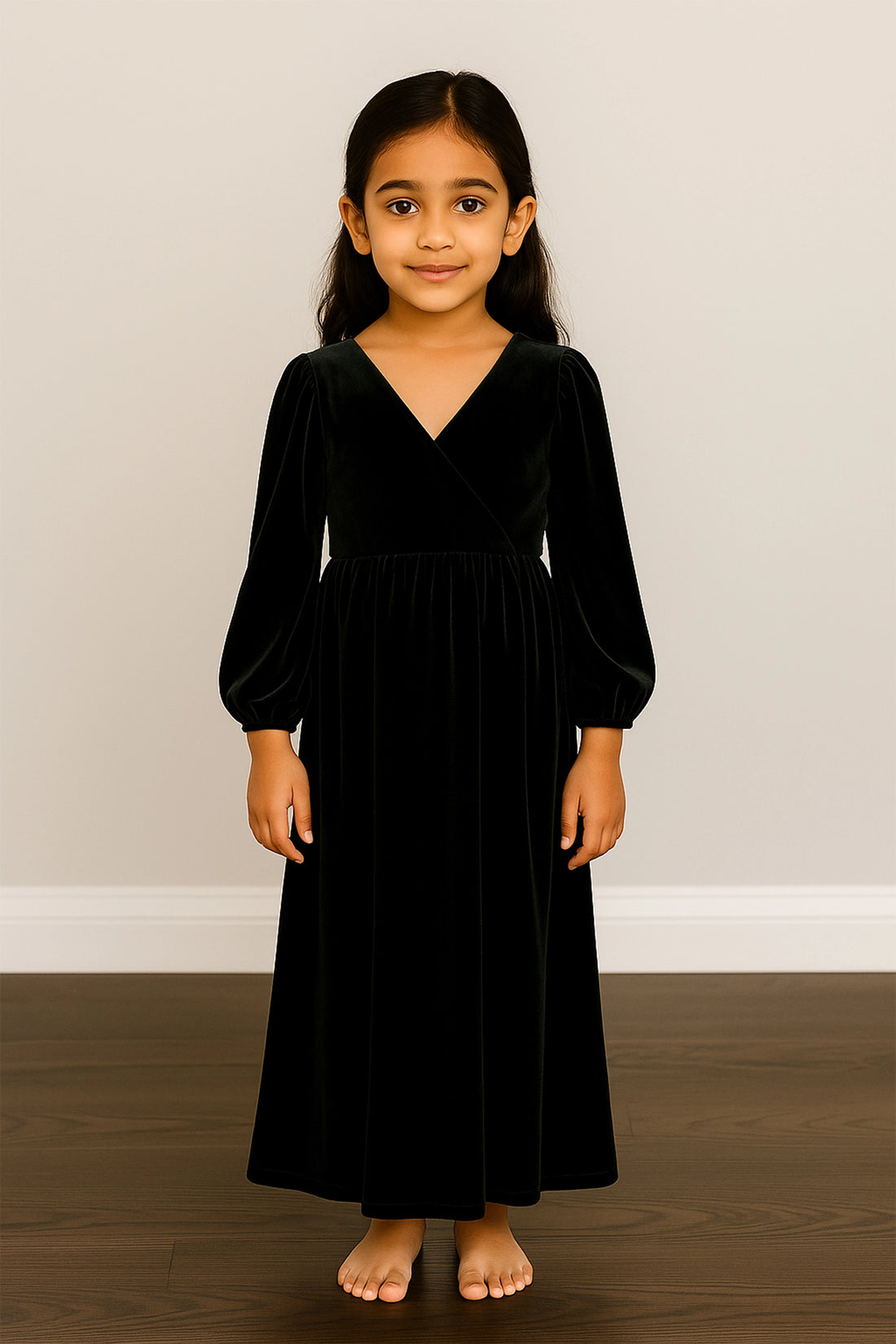 Black Velvet Evening Dress with Long Sleeves For Kid