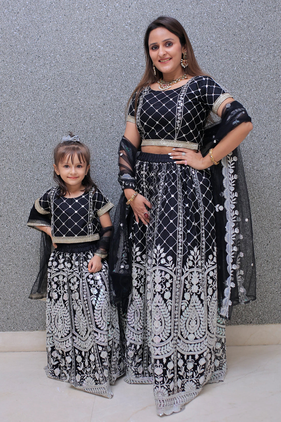 Elegant Black Lehenga Choli with White Sequins Mom and Daughter Twin Set