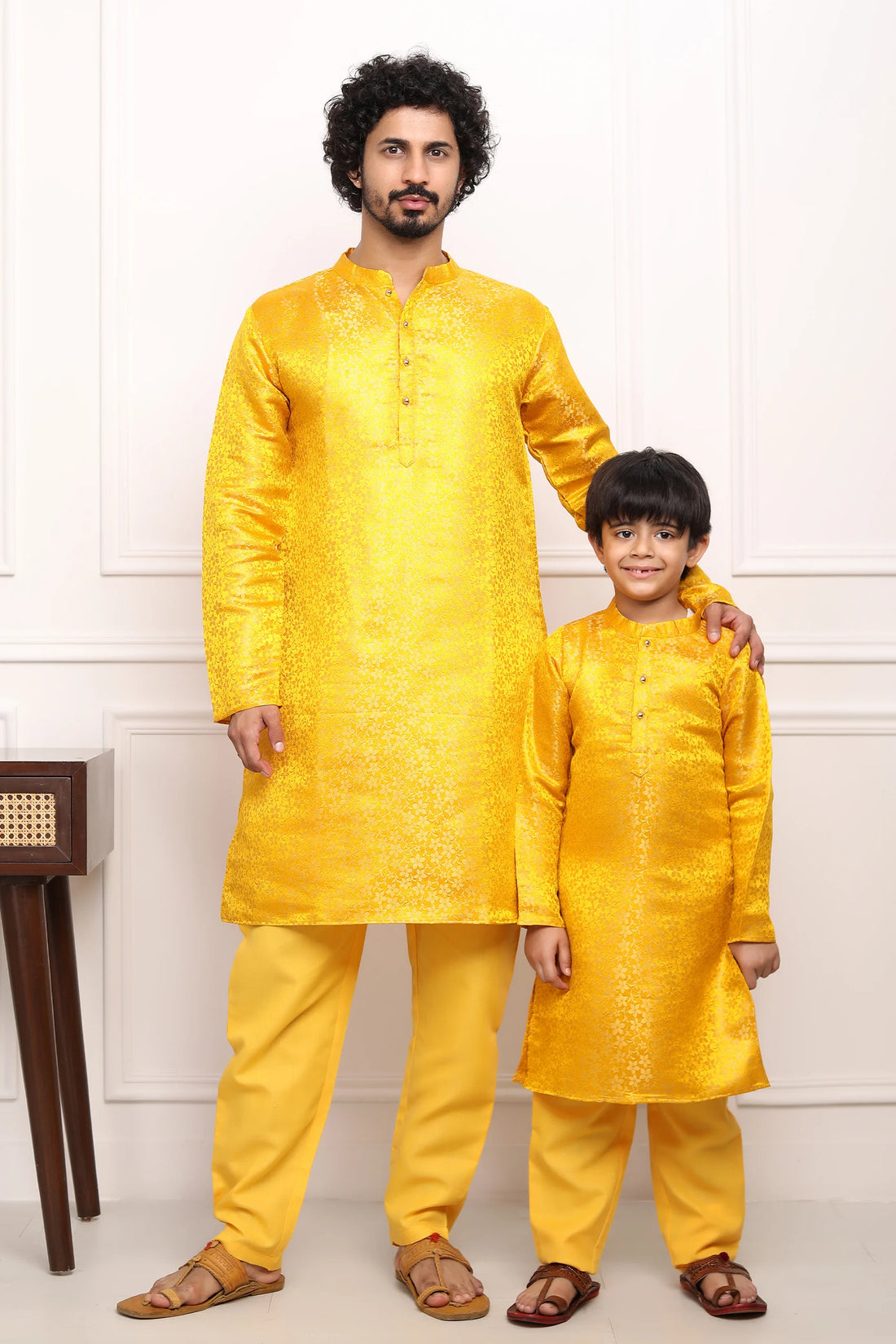 Bright Yellow Silk Kurta Pyjama Father & Son Twin Set