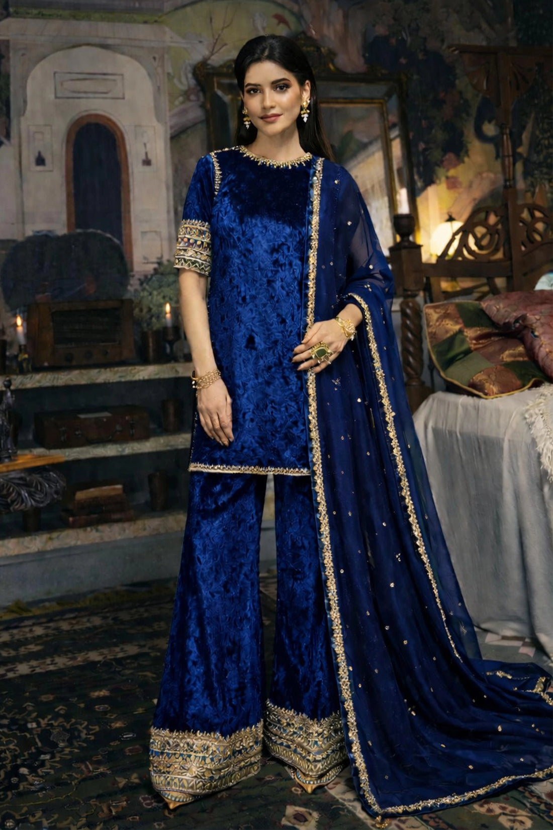 Regal Velvet Sharara Suit - Navy Blue