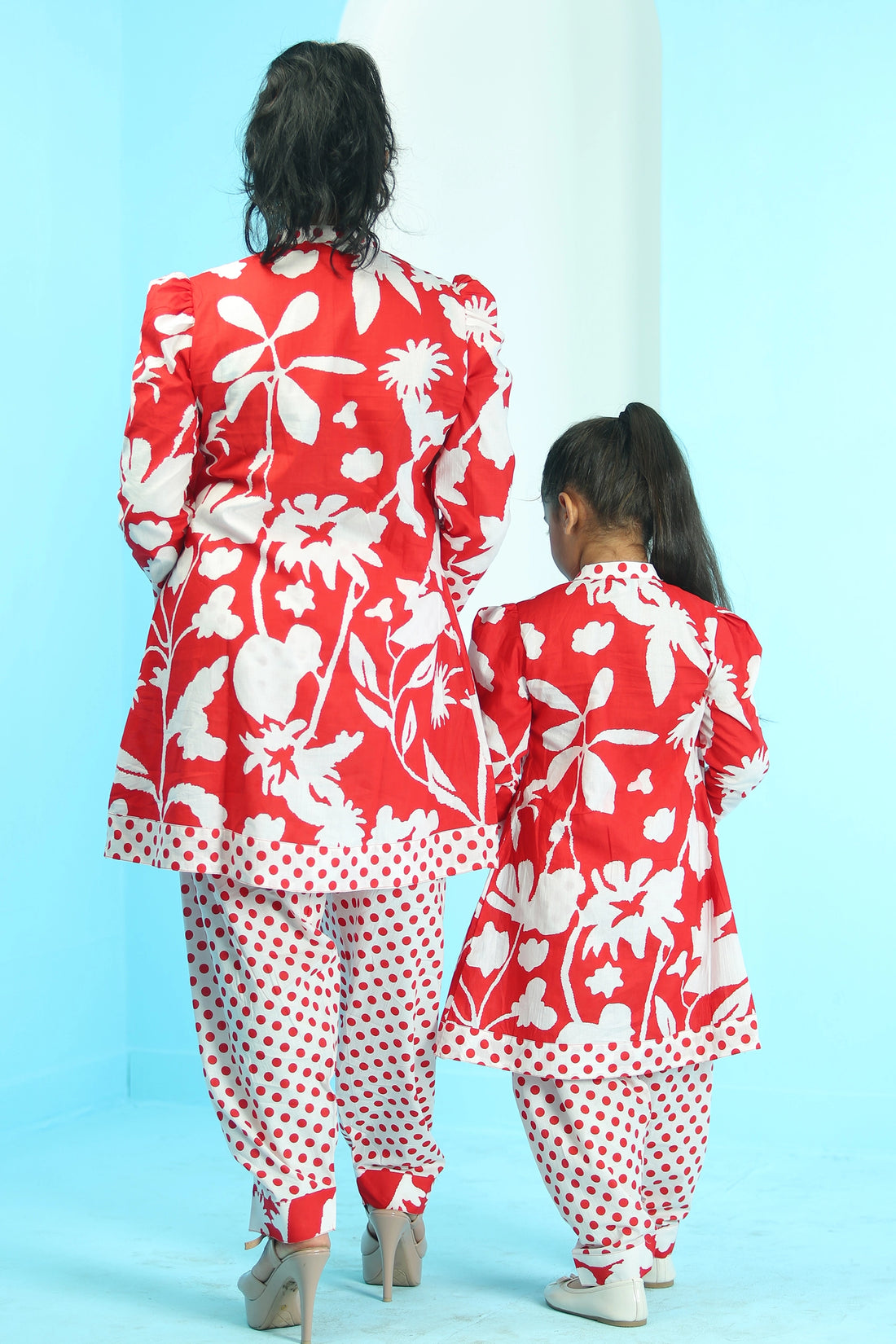 Red & White Floral Suit Set For Mom And Daughter