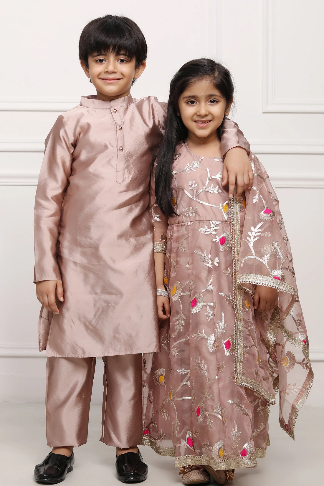 Siblings' Ethnic Wear: Beige Gota Patti Gown  & Matching Kurta Pyjama