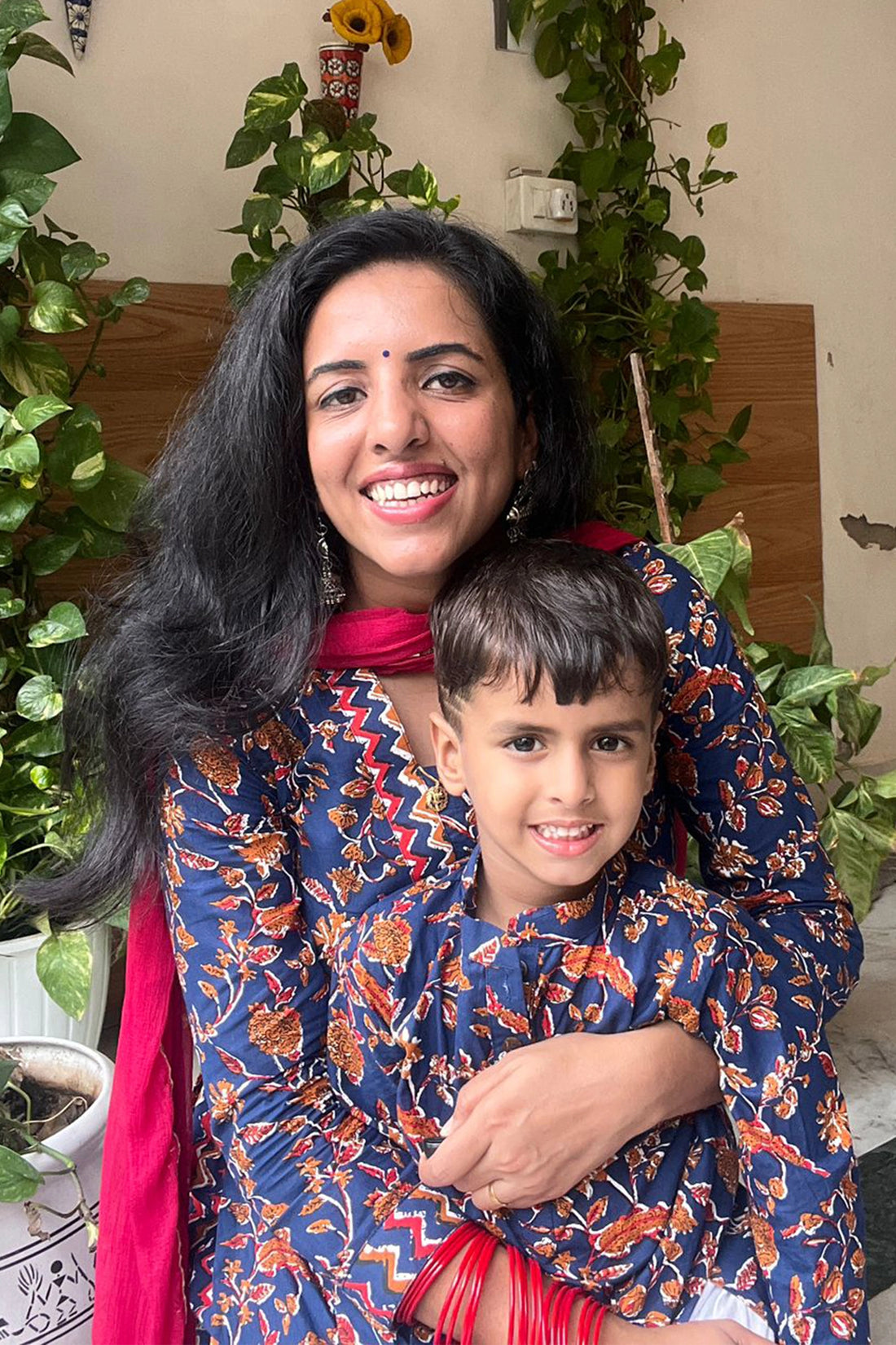Navy Blue Printed Suit Set With Pants For Mom And Son