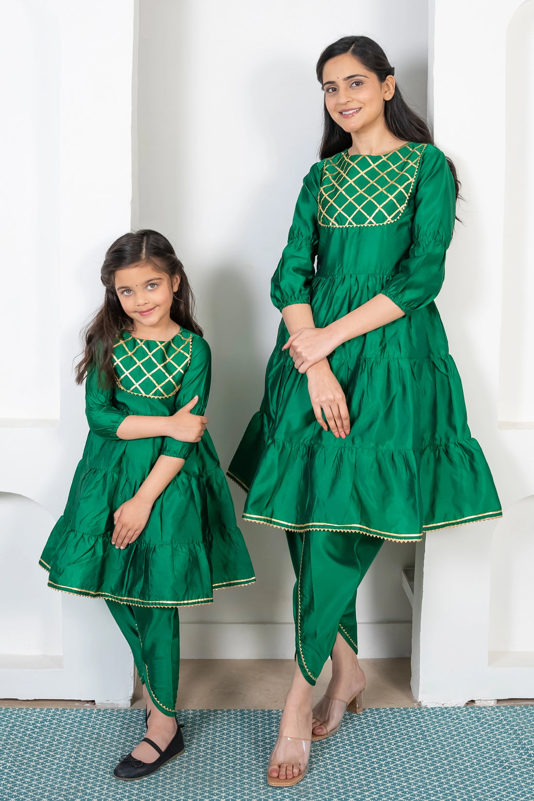 Green and Golden Tiered Kurta with Dhoti For Mom and Daughter Twin Set