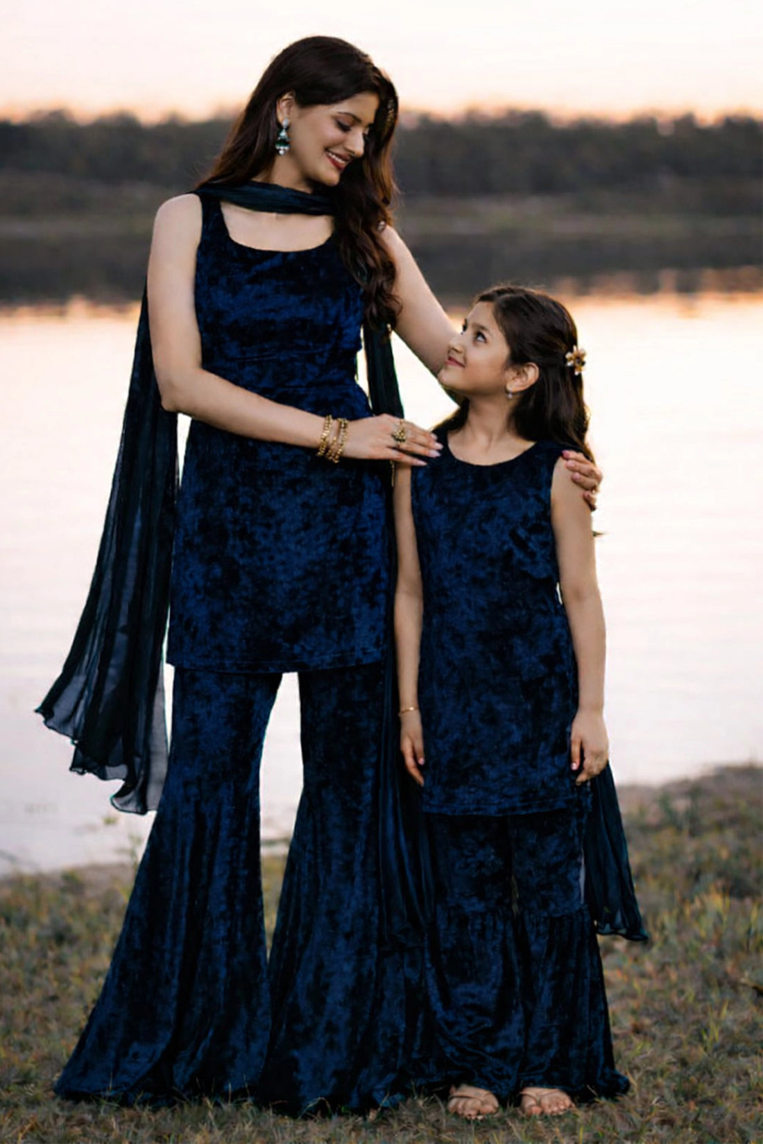 Velvet Luxe Sharara Set For Mom & Daughter - Navy Blue