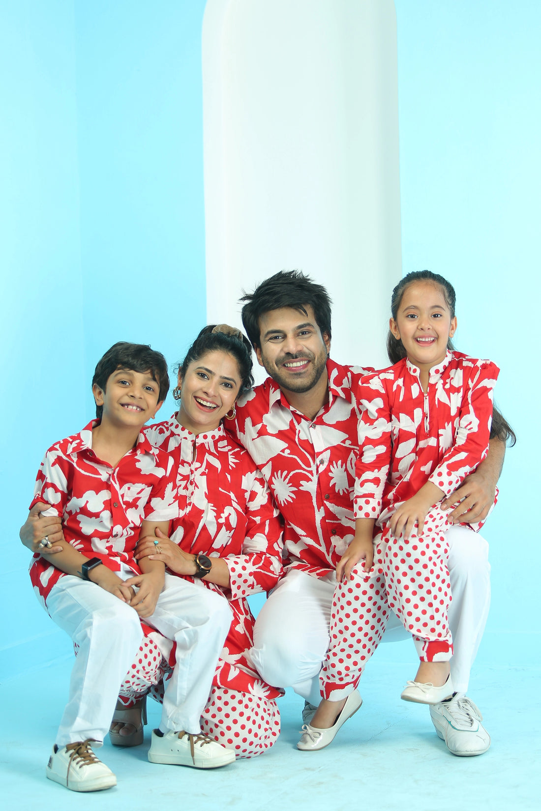 Red & White Floral  Suit Set With Matching with Matching Kurta Pajama Family Twin Set