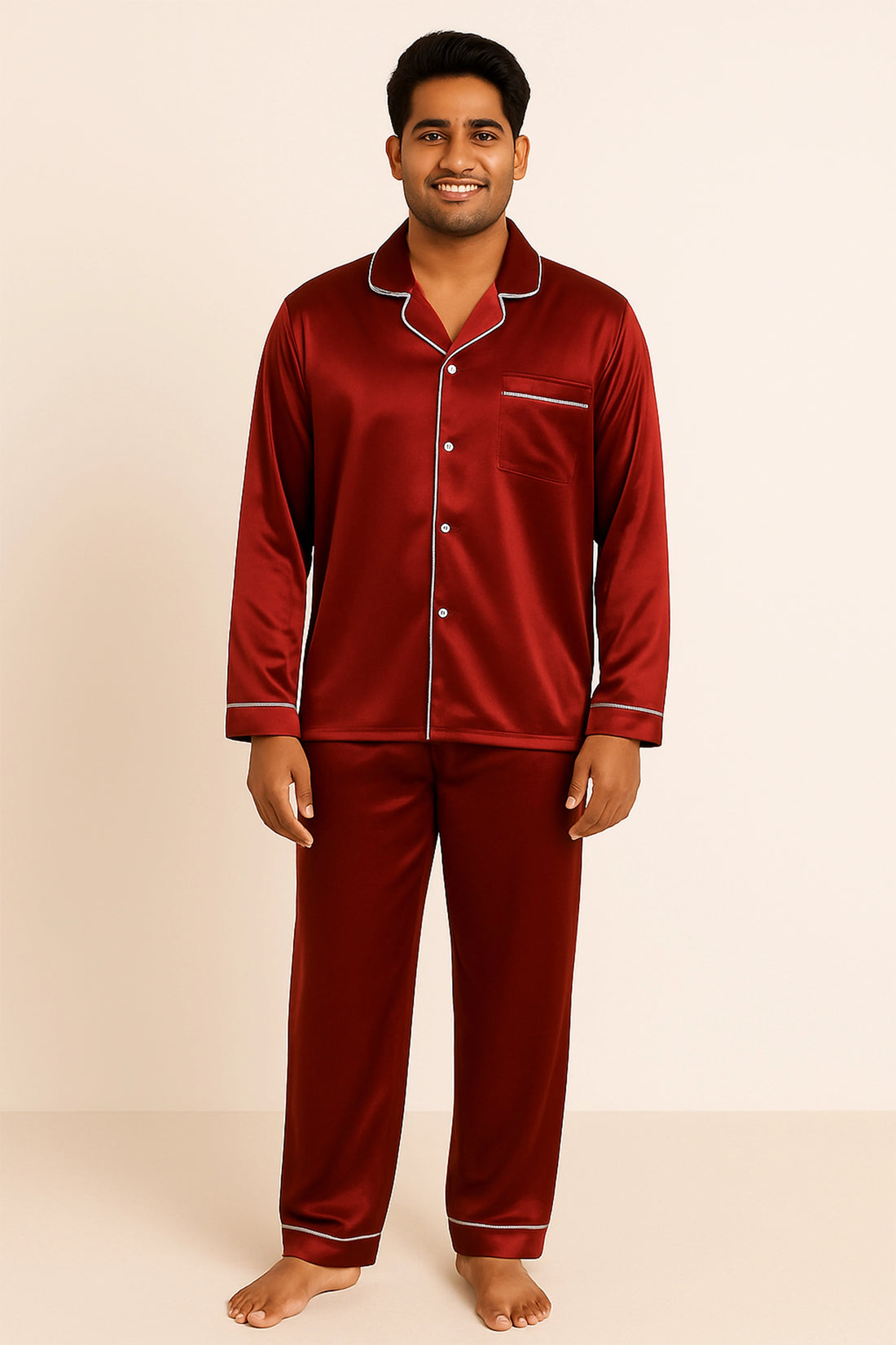 Red Satin Nightsuit Set For Men