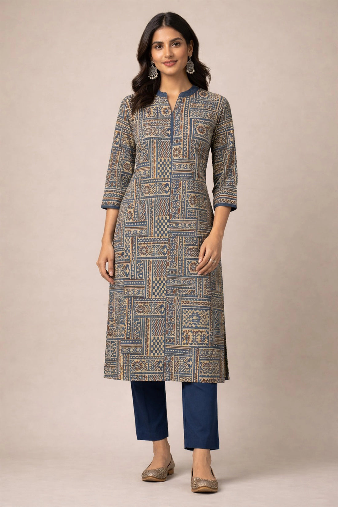 Blue Printed Straight Kurta For Women