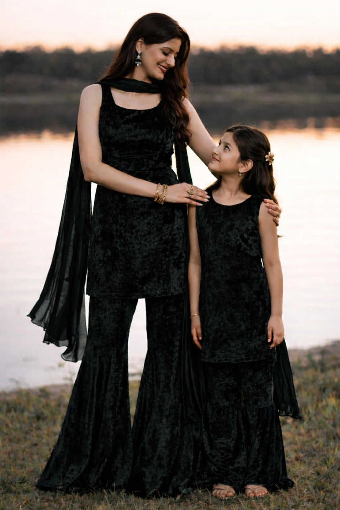 Velvet Luxe Sharara Set For Mom & Daughter - Black