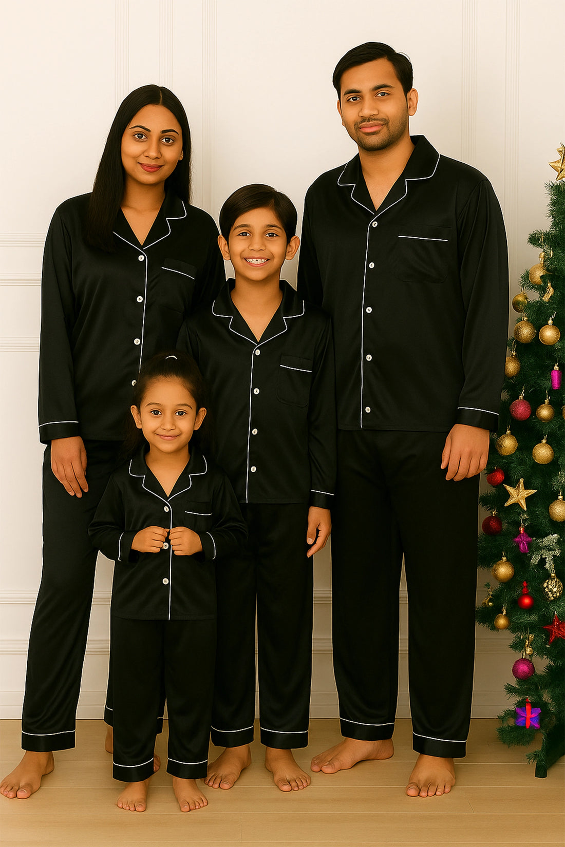 Black Satin Nightsuit Set For Family