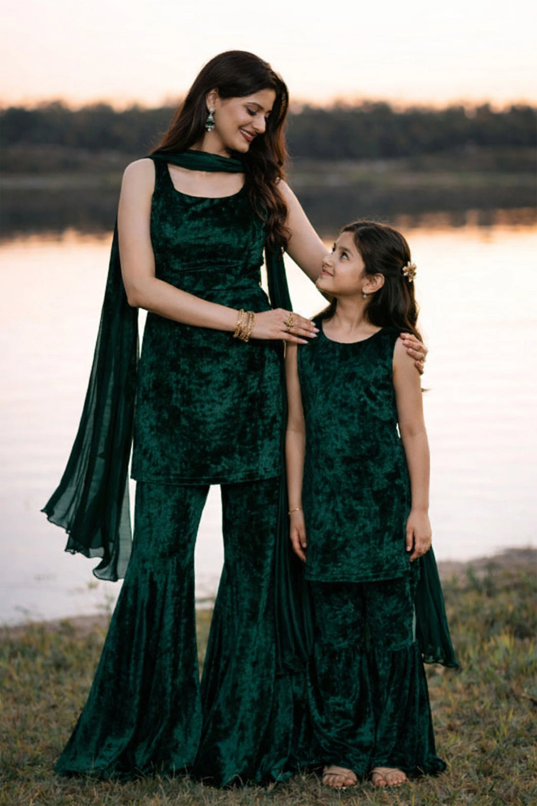 Velvet Luxe Sharara Set For Mom & Daughter - Green