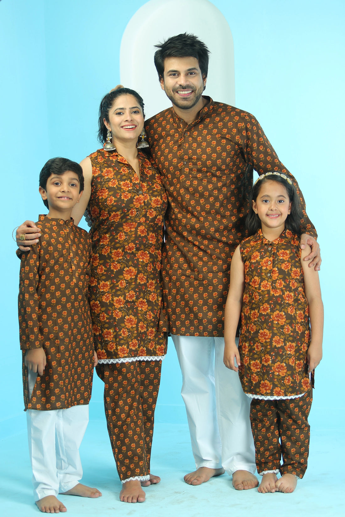 Brown Floral Suit Set With Matching with Matching Kurta Pajama Family Twin Set