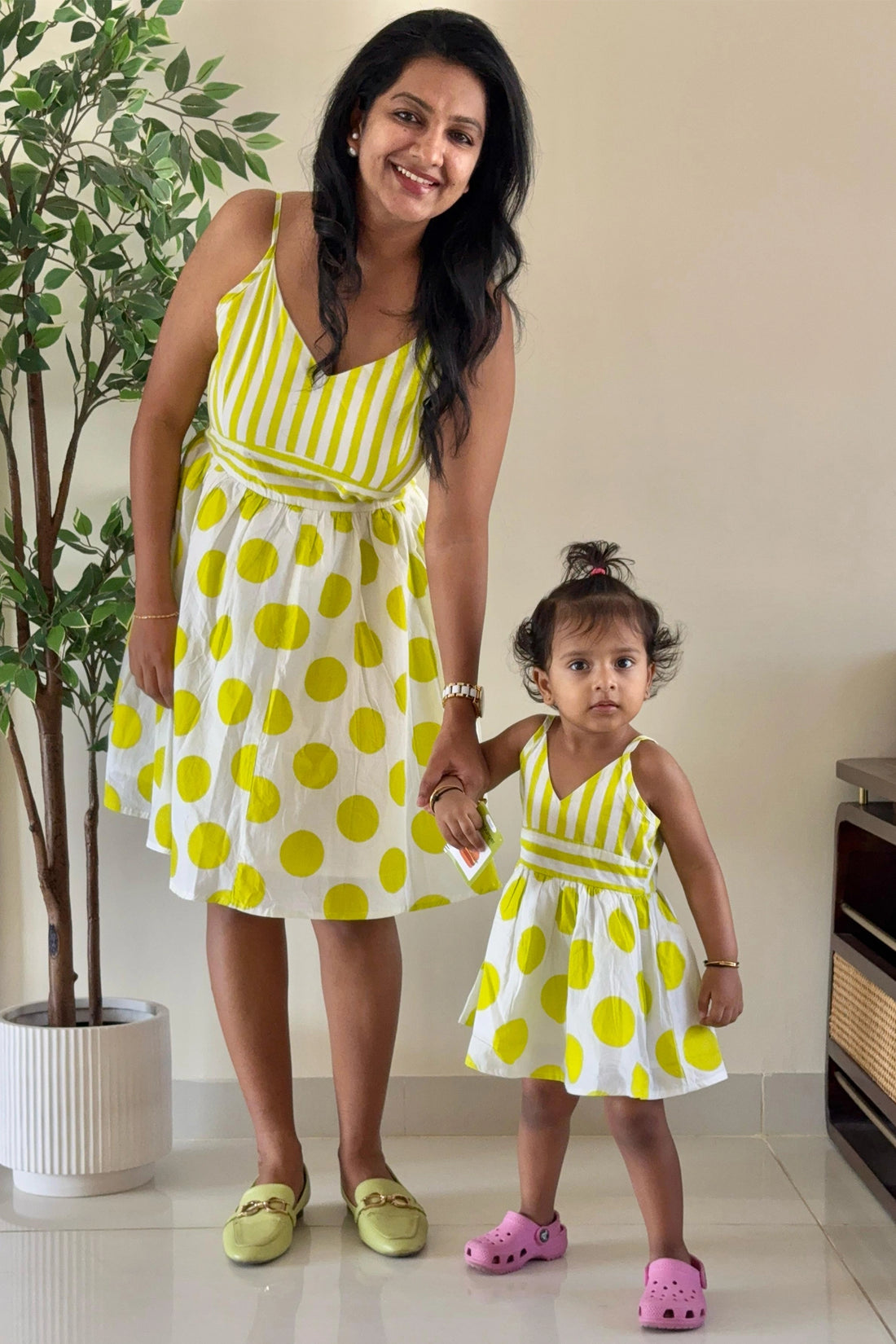 Vibrant Green Polka Dot Matching Dresses for Mom and Daughter