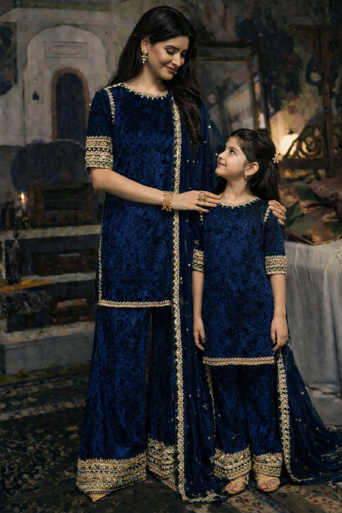 Regal Velvet Sharara Suit Set For Mom & Me - Navy Blue