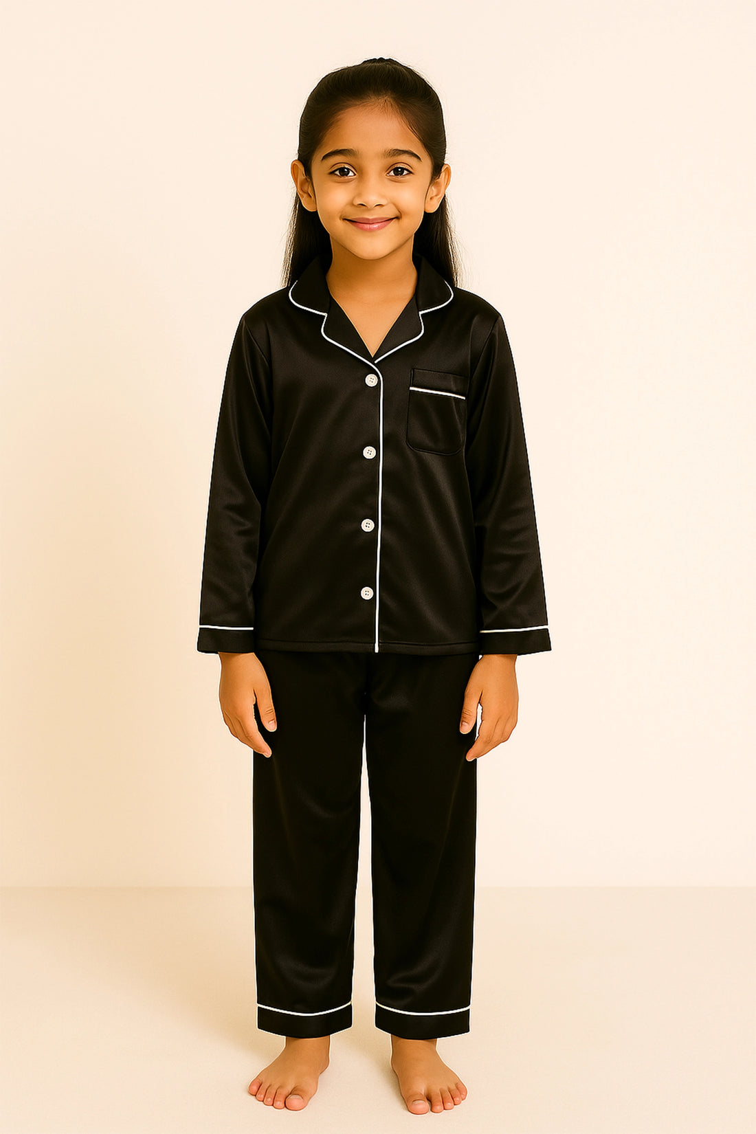 Black Satin Nightsuit Set For Kid