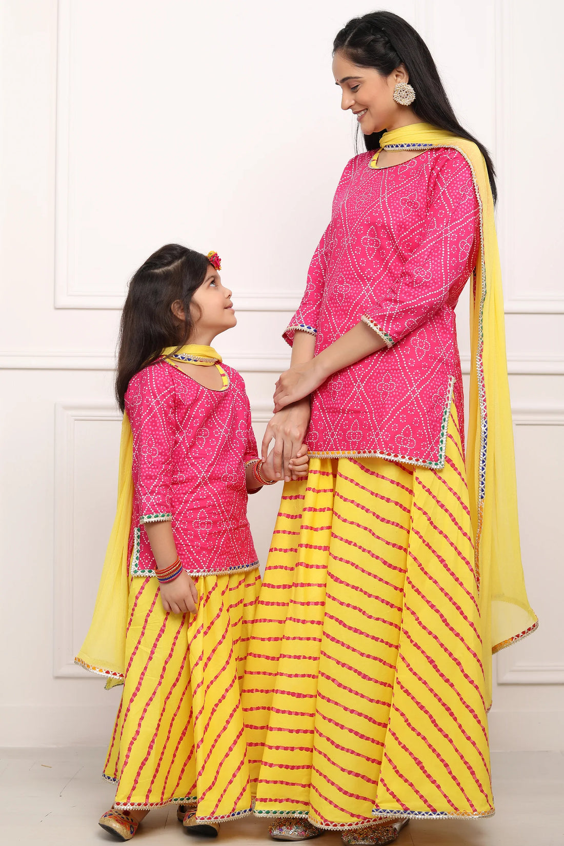 Matching Mom and Daughter Twin Set: Fuschia Jaipuri Kurta & Yellow Leheriya Lehenga