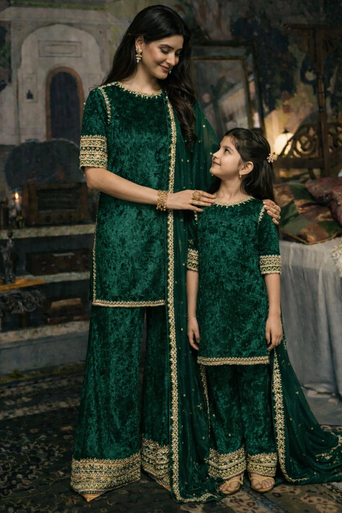 Regal Velvet Sharara Suit Set For Mom & Me - Green