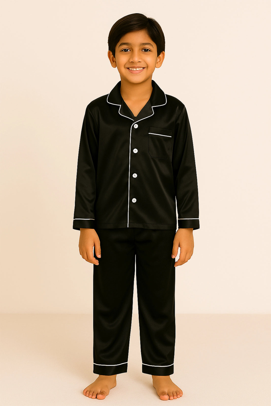 Black Satin Nightsuit Set For Boy