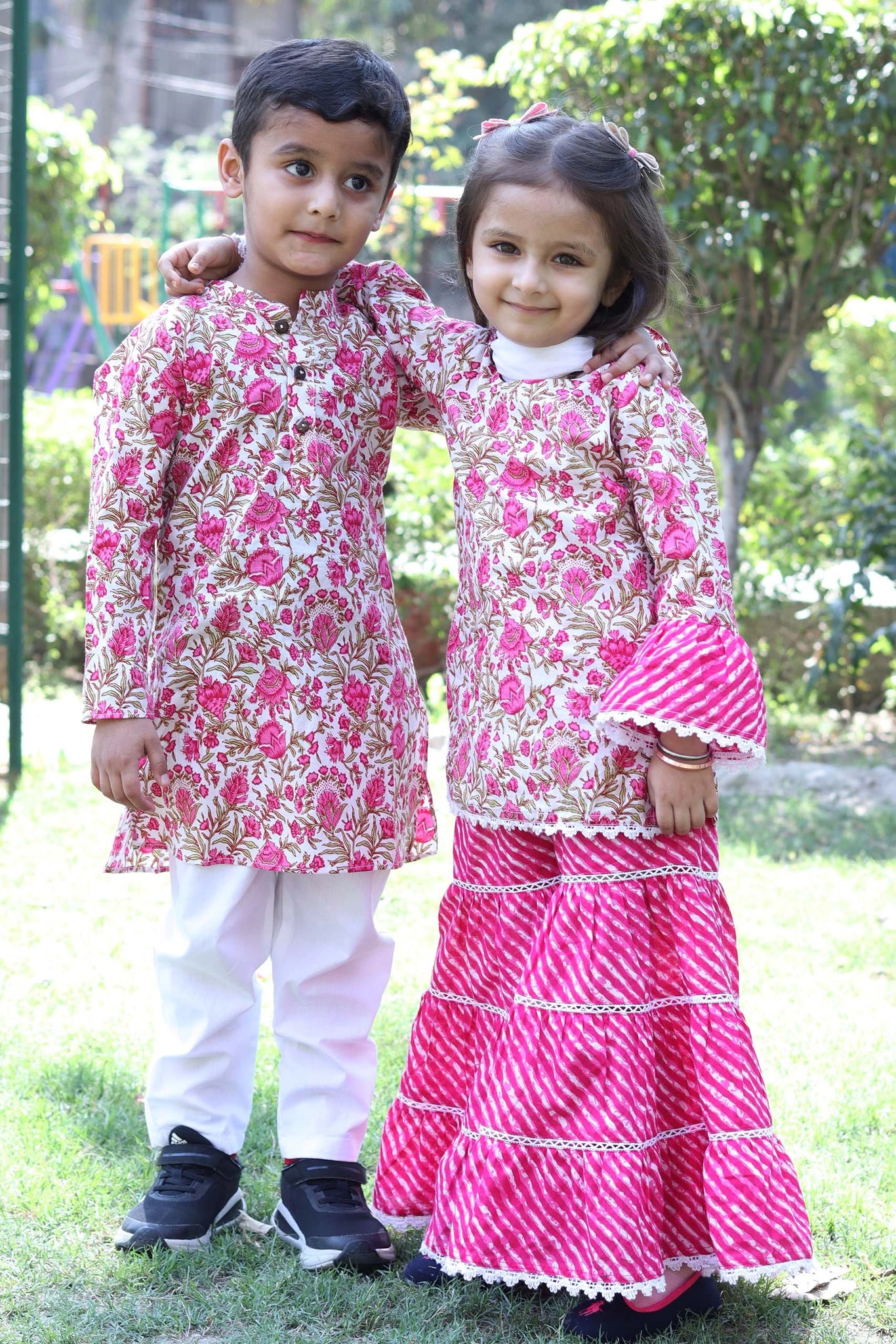 Fuschia Floral and White Sharara Suit with Kurta Pyjama brother n sister Matching Set