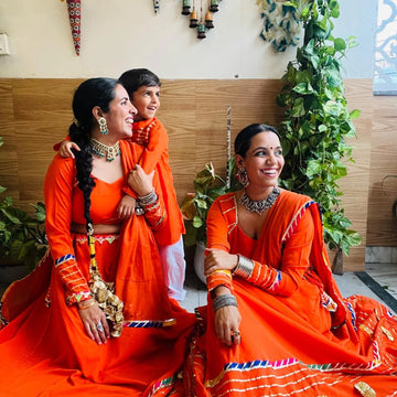 Orange Chaniya Choli Set With Matching Kurta Pyjama  ( Family Twin Set )