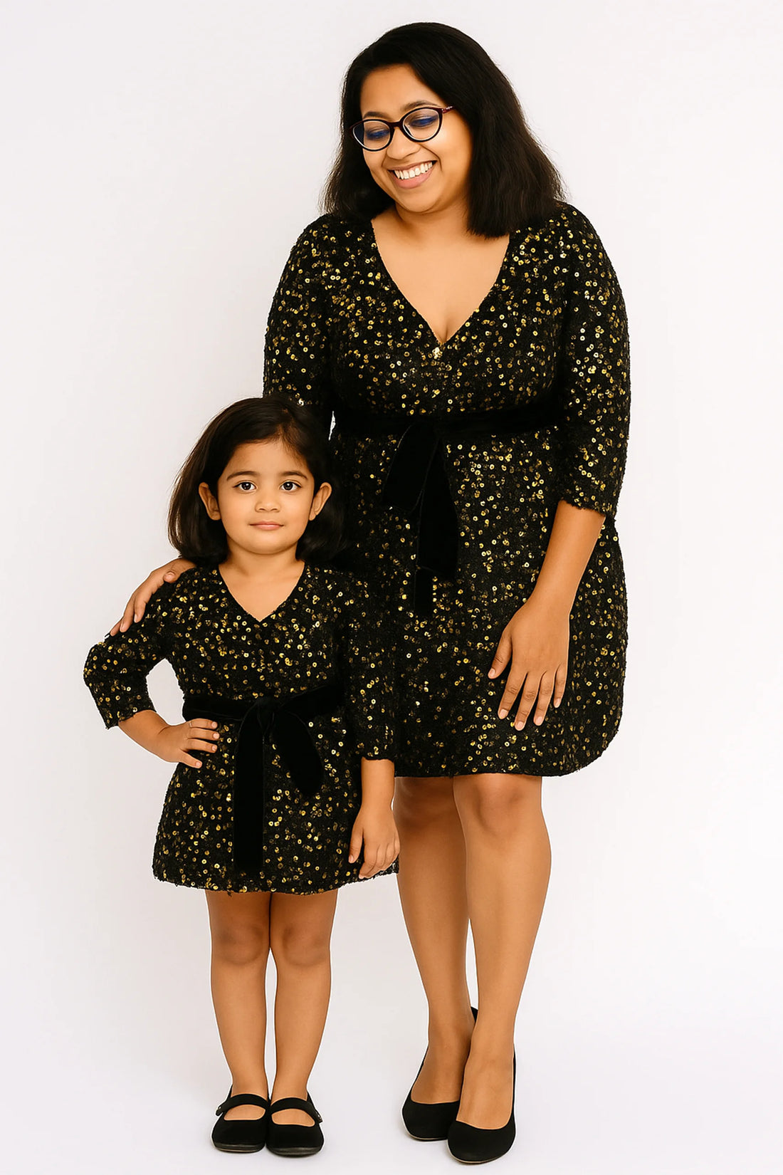 Sparkling Sequin Duo: Black Mother-Daughter Skater Dresses