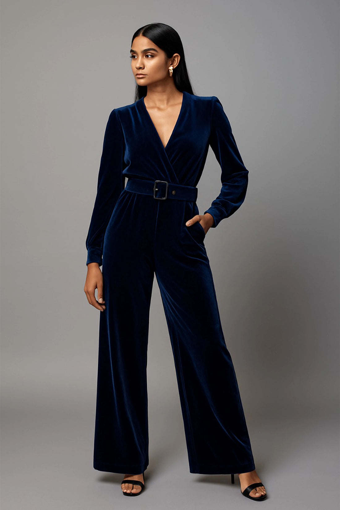 Navy Blue Luxe Velvet One-Piece Set  For Women