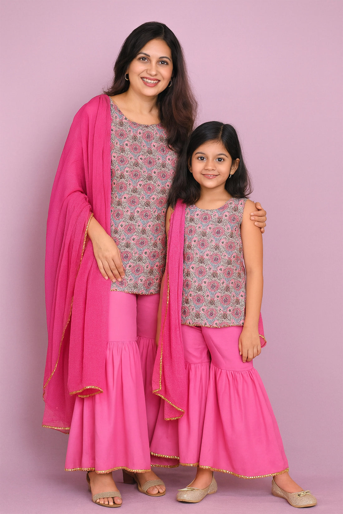 Traditional Printed Kurti & Sharara Set For Mom And Daughter Set