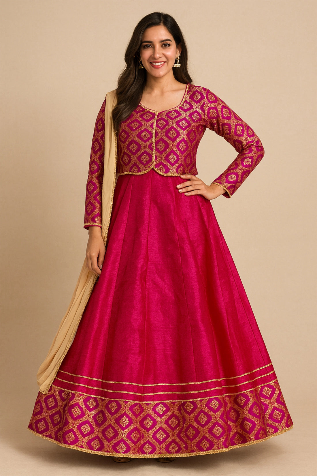 Fuchsia Brocade Anarkali Set For Women