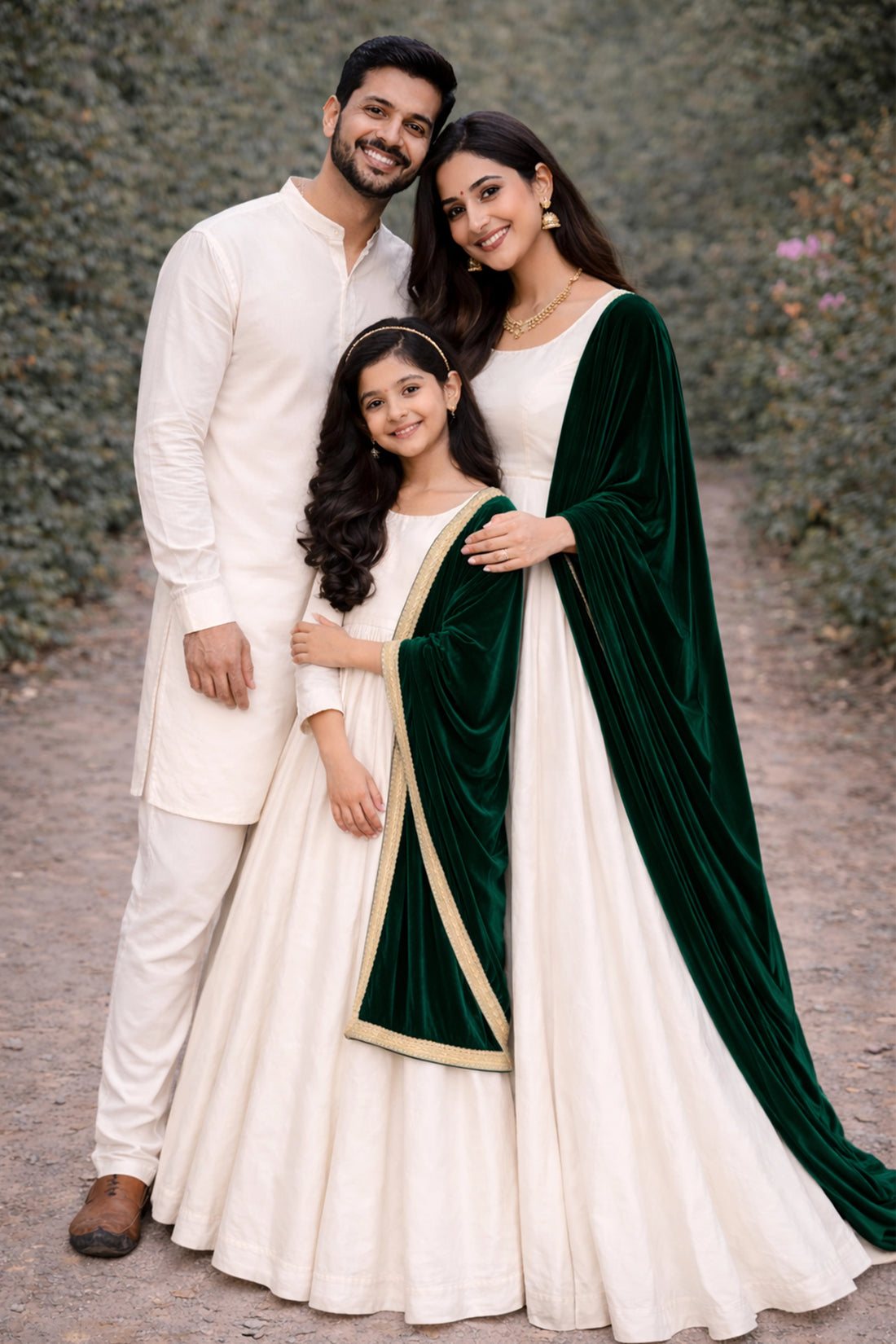 Ivory Gown with Emerald Velvet Dupatta