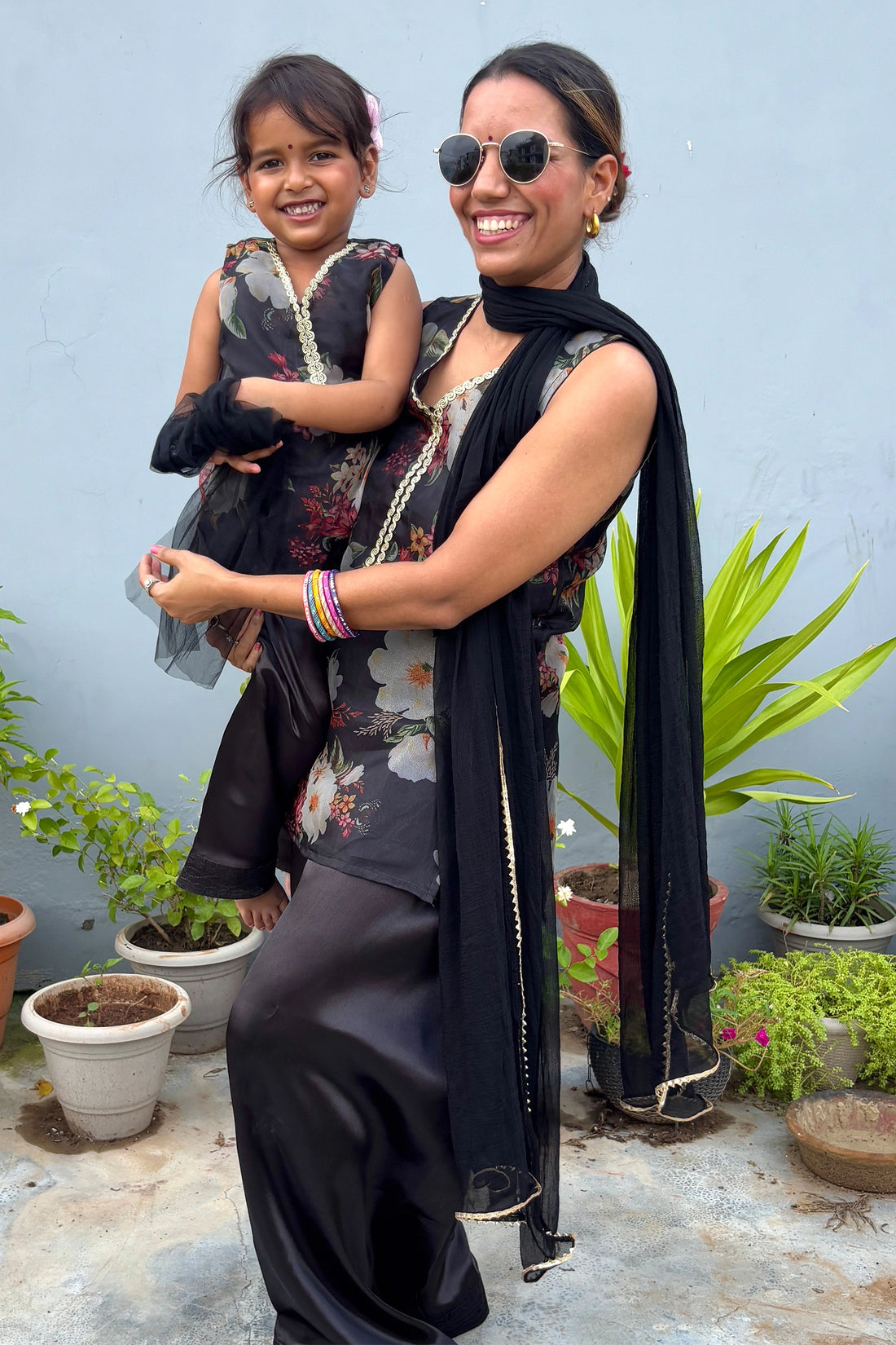 Black Organza Farshi Salwar Suit Set For Mom And Daughter