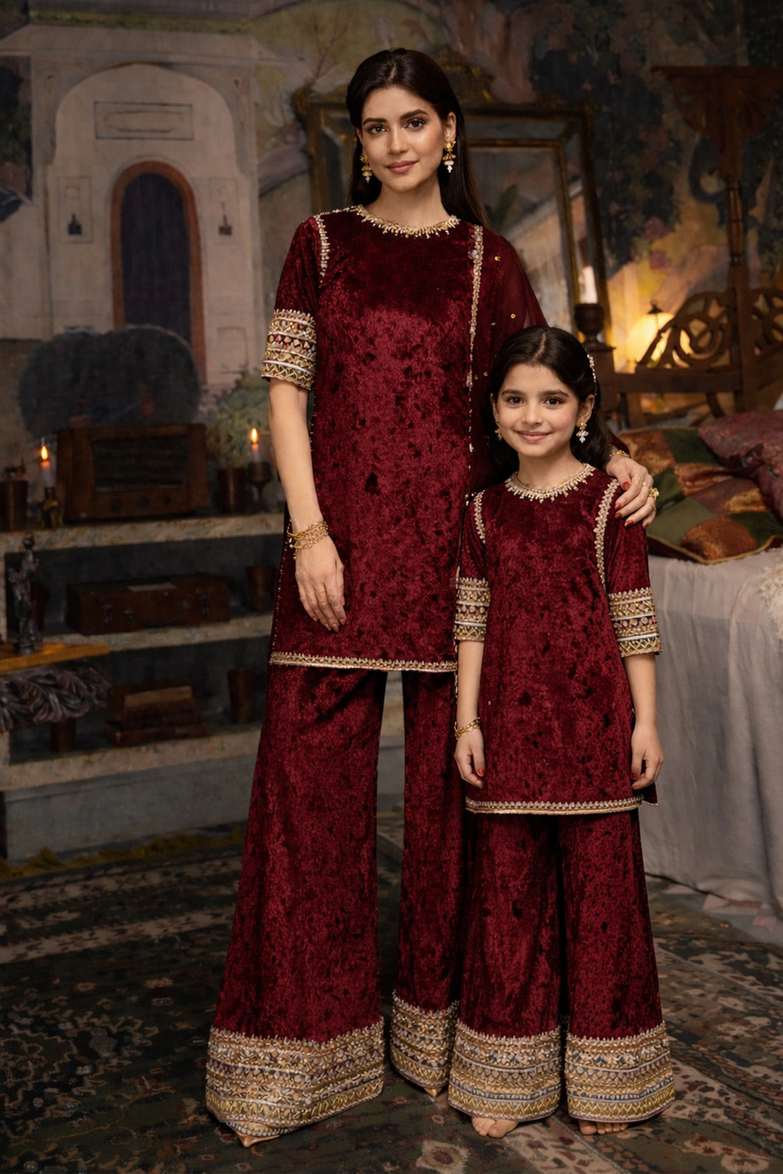 Regal Velvet Sharara Suit Set For Mom & Me - Maroon