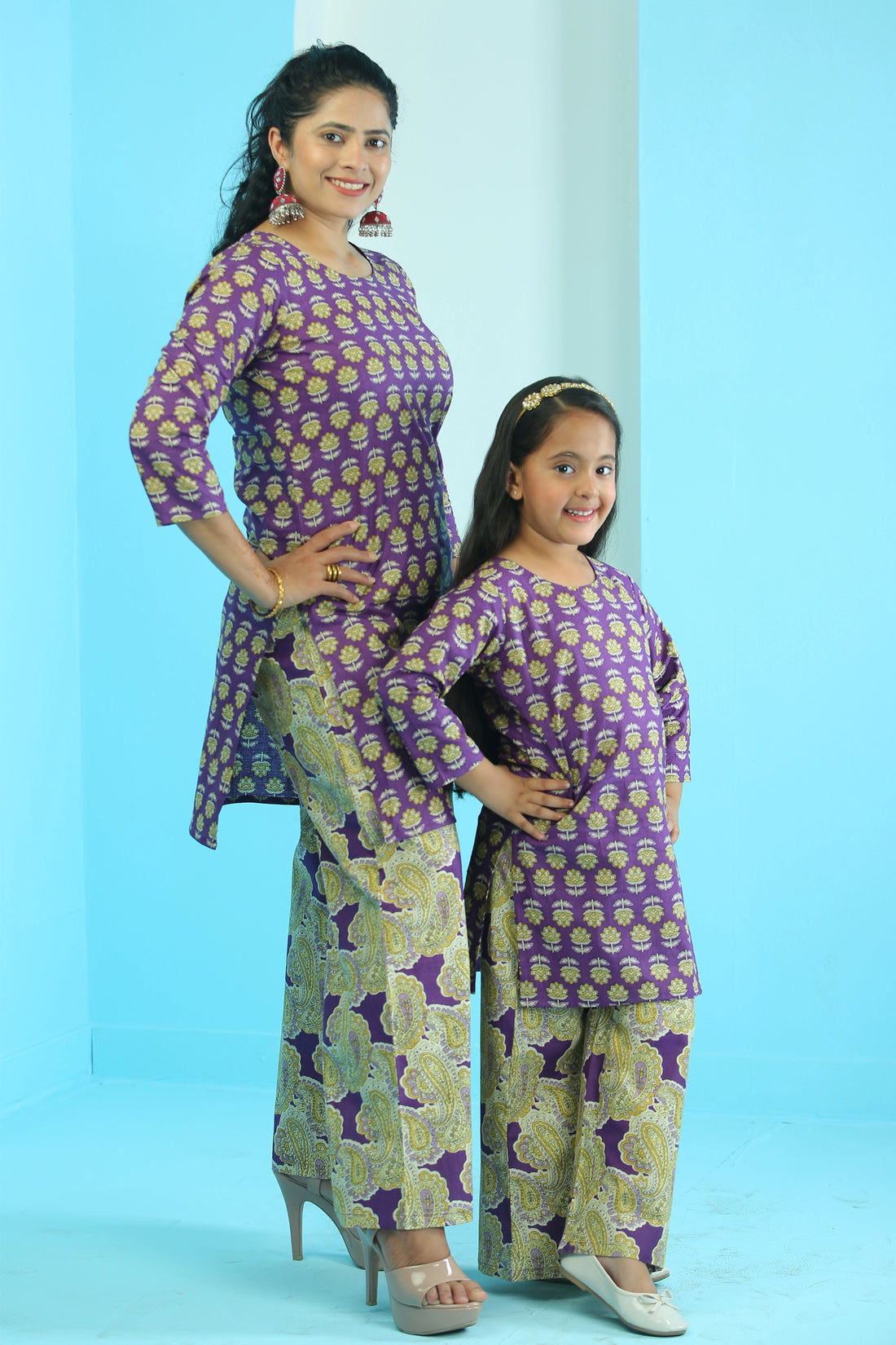 Purple  Floral Suit Set For Mom And Daughter