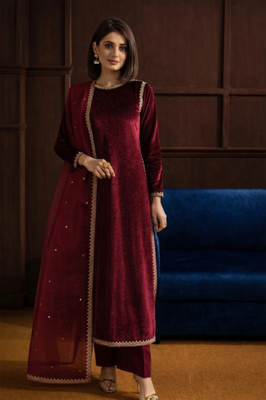 Luxe Velvet Kurta Set - Maroon